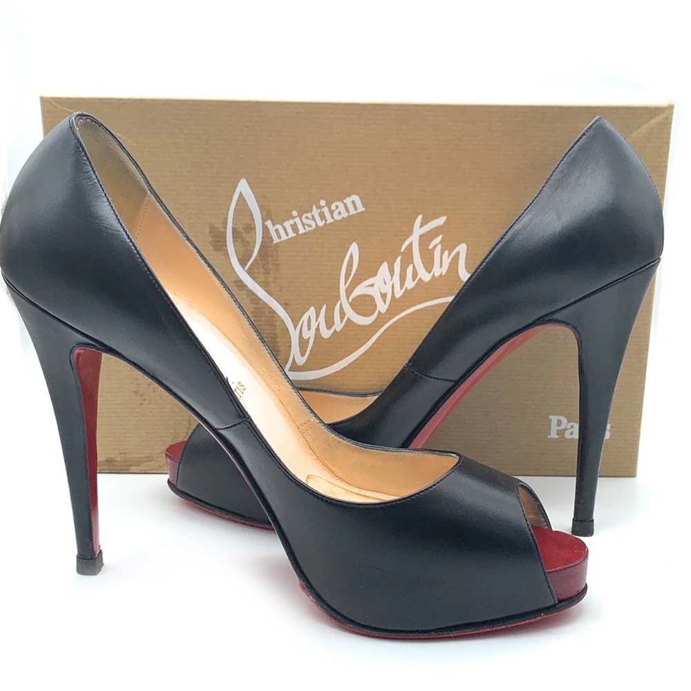 Christian Louboutin Black Peep-Toe Heels with Red Soles